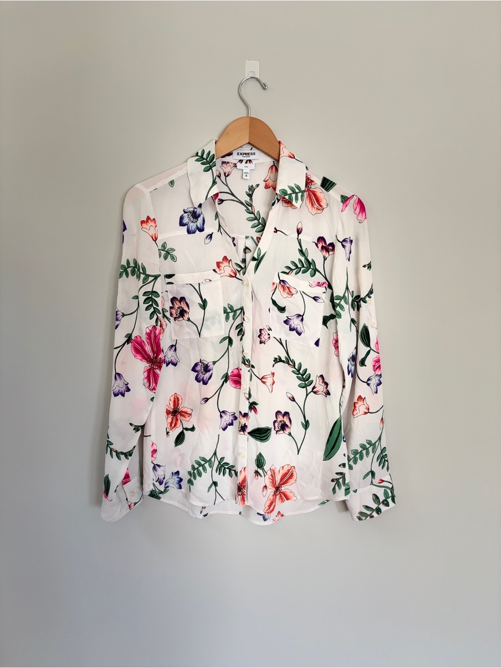 Express Portofino White Floral Button-Down Shirt with Pink & Purple Blooms